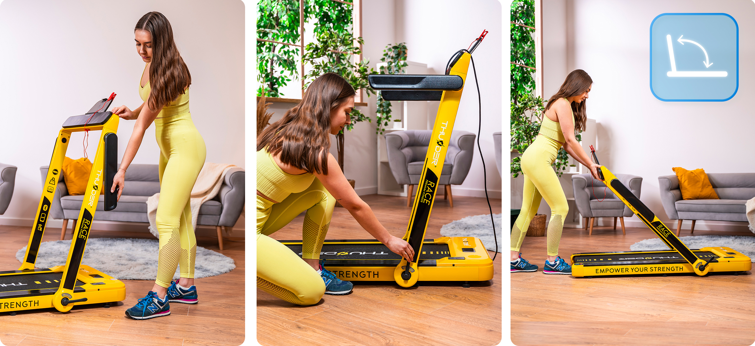 Opgevouwen Thunder RACE loopband in een kleine ruimte