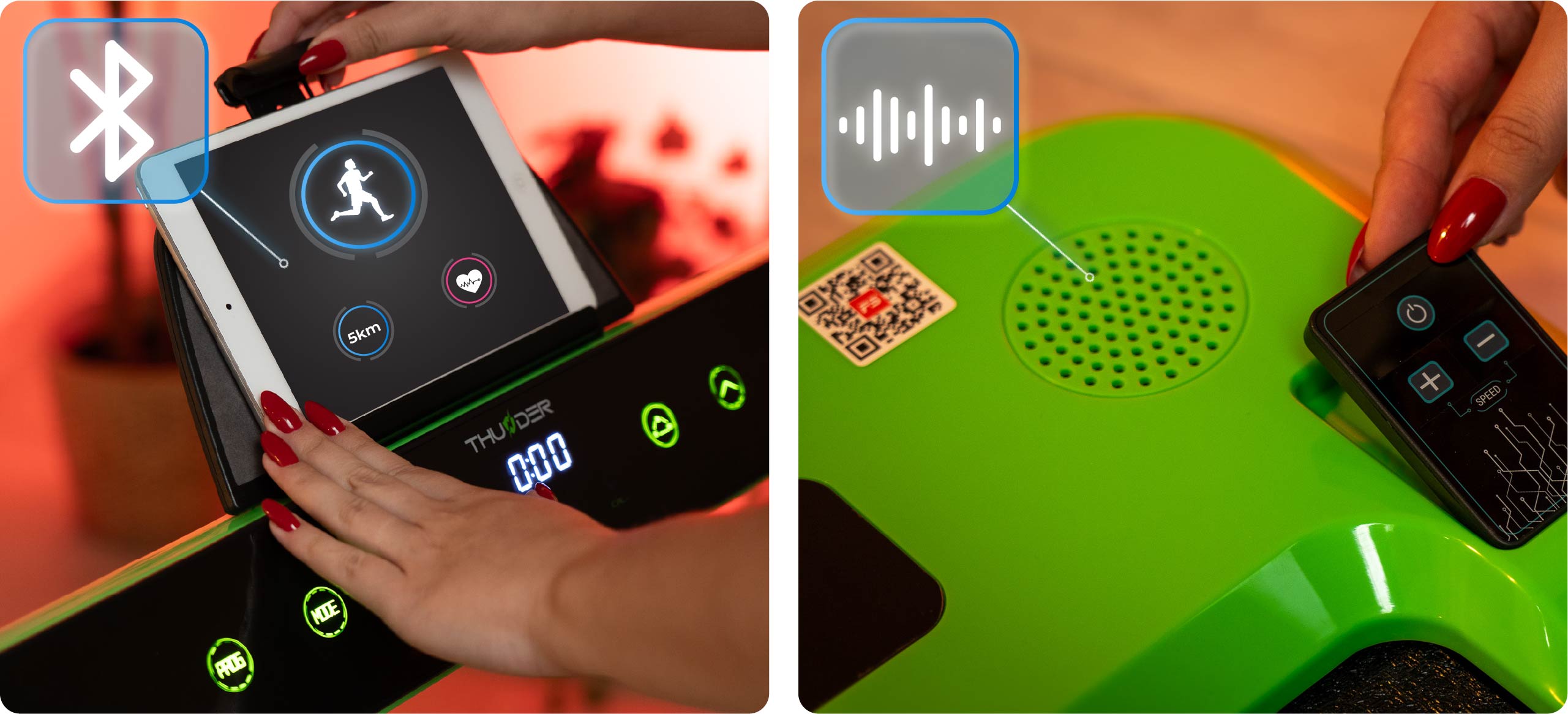 Bedieningspaneel van de Thunder RACE loopband met zichtbare tablet en FitShow-app